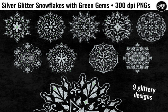 Elevating Winter Design with Silver Glitter Snowflakes and Green Gems