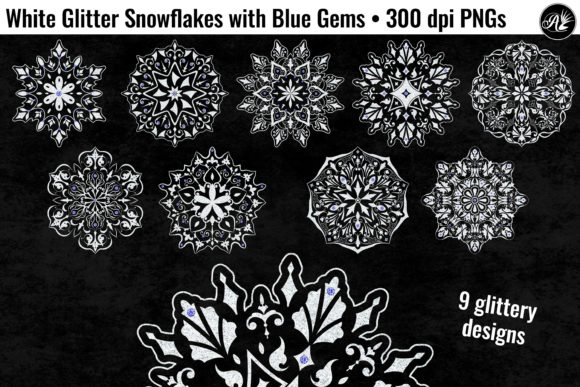 White Glitter Snowflakes with Blue Gems